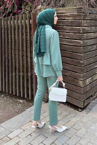 Mint Green Shirt Collar Long Arm Poplin Fabric Narrow Leg Comfortable Suit