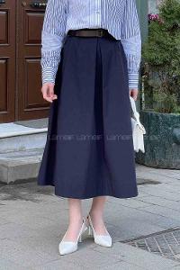 Lamelif Kemerli Gabardin Etek Lacivert
