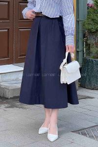 Lamelif Kemerli Gabardin Etek Lacivert