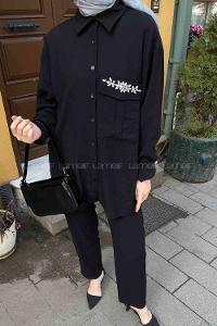 Black Shirt Collar Long Arm Buttoned Cotton Regular Trousers Comfortable Suit