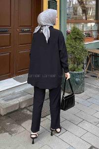 Black Shirt Collar Long Arm Buttoned Cotton Regular Trousers Comfortable Suit