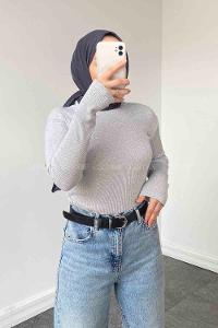 Lamelif Balıkçı Yaka Fitilli Body Açık Gri