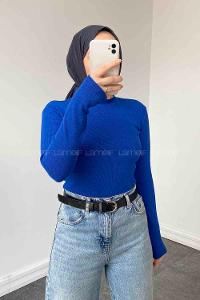 Lamelif Balıkçı Yaka Fitilli Body Saks Mavisi