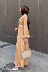 Lamelif Balon Kol Saten Elbise Sütlü Kahve