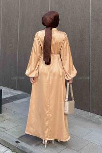 Lamelif Balon Kol Saten Elbise Sütlü Kahve