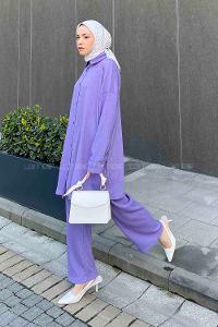 Lilac Shirt Collar Long Arm Viscose Fabric Regular Trousers Comfortable Suit