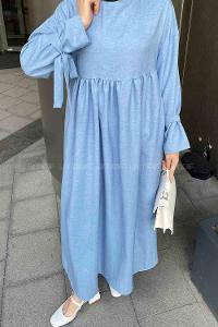 Lamelif Düşük Kol Bağlamalı Keten Tesettür Elbise Bebe Mavisi