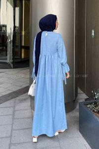 Lamelif Düşük Kol Bağlamalı Keten Tesettür Elbise Bebe Mavisi