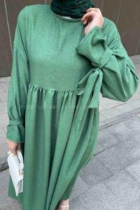 Lamelif Düşük Kol Bağlamalı Keten Tesettür Elbise Yeşil