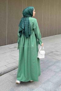 Lamelif Düşük Kol Bağlamalı Keten Tesettür Elbise Yeşil