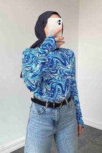 Lamelif Eldiven Detaylı  Ebru Desenli Body Mavi