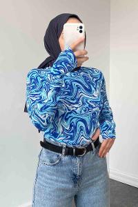 Lamelif Eldiven Detaylı  Ebru Desenli Body Mavi