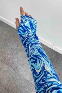 Lamelif Eldiven Detaylı  Ebru Desenli Body Mavi