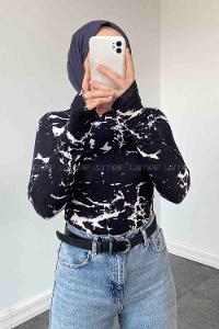 Lamelif Eldiven Detaylı  Soyut Desenli Body Siyah