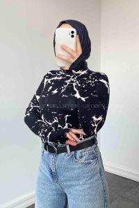 Lamelif Eldiven Detaylı  Soyut Desenli Body Siyah