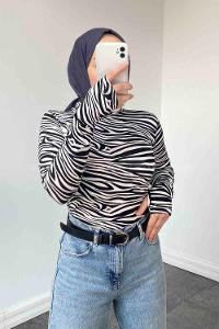Lamelif Eldiven Detaylı  Zebra Desenli  Body Siyah