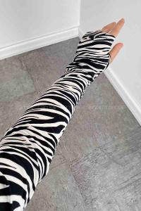 Lamelif Eldiven Detaylı  Zebra Desenli  Body Siyah