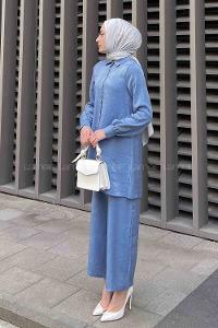 Blue Shirt Collar Long Arm Buttoned Viscose Fabric Trousers Comfortable Suit
