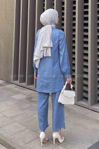 Blue Shirt Collar Long Arm Buttoned Viscose Fabric Trousers Comfortable Suit