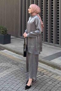 Metallic Gray Shirt Collar Long Arm Buttoned Viscose Fabric Trousers Comfortable Suit