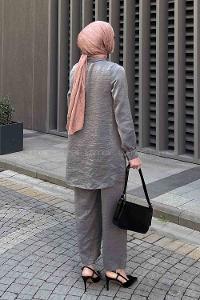 Metallic Gray Shirt Collar Long Arm Buttoned Viscose Fabric Trousers Comfortable Suit