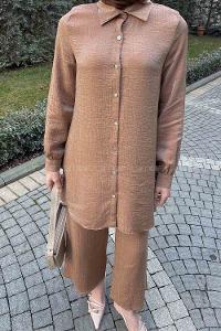 Soft Brown Shirt Collar Long Arm Buttoned Viscose Fabric Trousers Comfortable Suit
