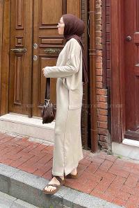 Lamelif Kristal Etekli Tesettür Takım Bej