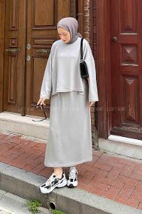 Gray Crew Neck Long Arm Poplin Fabric Straight Skirt Suit