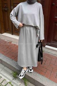 Gray Crew Neck Long Arm Poplin Fabric Straight Skirt Suit
