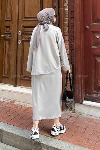 Gray Crew Neck Long Arm Poplin Fabric Straight Skirt Suit