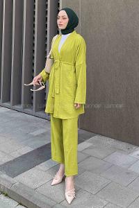 Oil Green Scarf Neck Long Arm Belted Linen Regular Trousers Linen Suit