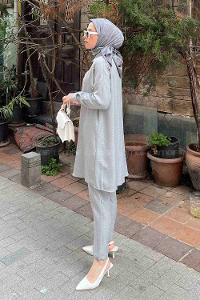 Gray Shirt Collar Long Arm Beaded Linen Regular Trousers Linen Suit