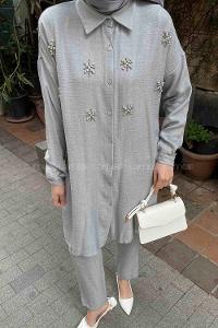 Gray Shirt Collar Long Arm Beaded Linen Regular Trousers Linen Suit