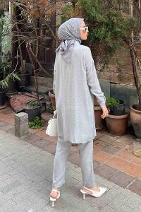 Gray Shirt Collar Long Arm Beaded Linen Regular Trousers Linen Suit