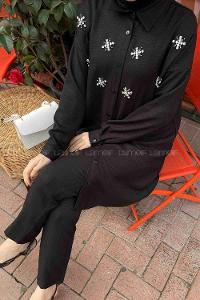 Black Shirt Collar Long Arm Beaded Linen Regular Trousers Linen Suit