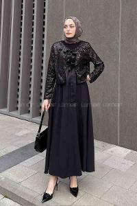 Lamelif Payetli Kurdele Detaylı Ceket Tesettür Takım Siyah