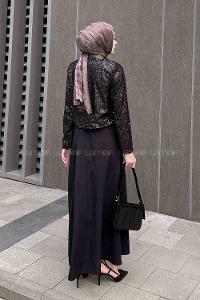 Lamelif Payetli Kurdele Detaylı Ceket Tesettür Takım Siyah