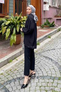 Lamelif Yaka Fırfır Detaylı İkili Tesettür Takım Siyah