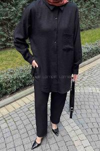 Lamelif Yan Düğme Detaylı İkili Ayrobin Tesettür Takım Siyah