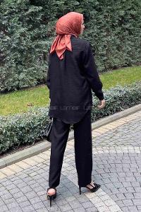 Lamelif Yan Düğme Detaylı İkili Ayrobin Tesettür Takım Siyah