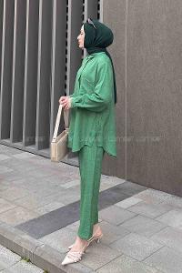 Lamelif Yan Düğme Detaylı İkili Ayrobin Tesettür Takım Yeşil