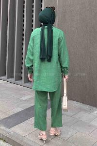 Lamelif Yan Düğme Detaylı İkili Ayrobin Tesettür Takım Yeşil