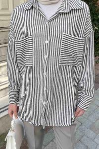 Black Shirt Collar Long Arm Linen Unprinted Shirt