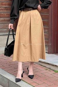 Lamelif Kemerli Gabardin Etek Camel