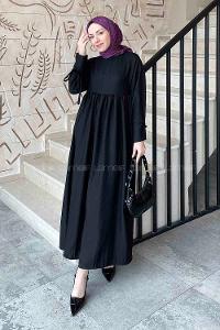 Lamelif Düşük Kol Bağlamalı Keten Tesettür Elbise Siyah