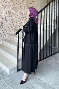 Lamelif Düşük Kol Bağlamalı Keten Tesettür Elbise Siyah