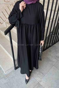 Lamelif Düşük Kol Bağlamalı Keten Tesettür Elbise Siyah