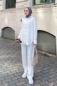 Lamelif Gofre Gömlek Pantolon Tesettür Takım Ekru