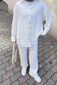 Lamelif Gofre Gömlek Pantolon Tesettür Takım Ekru