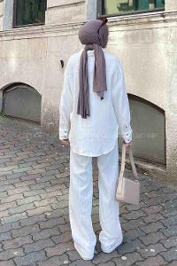 Lamelif Gofre Gömlek Pantolon Tesettür Takım Ekru